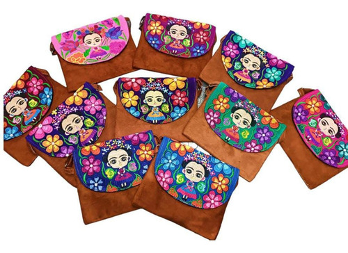 Bolso De Gamuza Frida Mujer Bordados Set 2 Piezas Color Café Diseño De La Tela Floreado