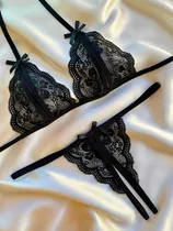 Comprar Conjunto Lencería Encaje Lindo Tanga Bralette Con Aberturas
