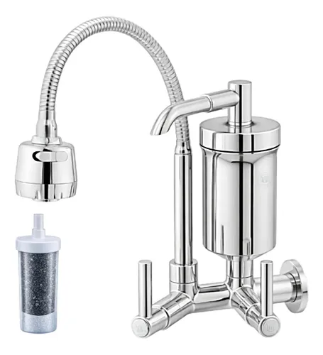 Torneira De Cozinha Com Filtro Gourmet Flexível 2 Jatos Forte Lar Metais 1/4v Prateado Parede Brilhante