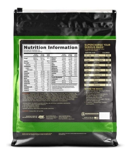Suplemento en polvo Optimum Nutrition Mass Serious Mass carbohidratos sabor vainilla en bolsa de 5.44kg