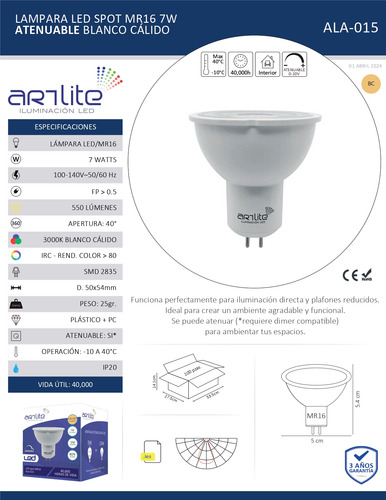 Lampara Led Ala-015 Spot Mr16 7w Blanco Cálido