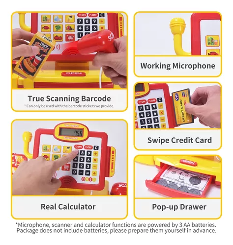 FS Caja registradora de juguete para niños, juego de supermercado con  calculadora real, Play Store Caja registradora para niños con escáner y  tarjeta