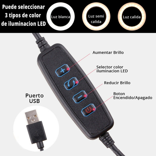 Imagen 6 de 8 de Aro De Luz Led 10 26cm Control Bluetooth Mesa Escritorio