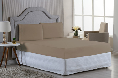 Jogo Cama Casal 3 Peças | Percal 200 Fios Cor Cáqui Desenho Do Tecido Liso