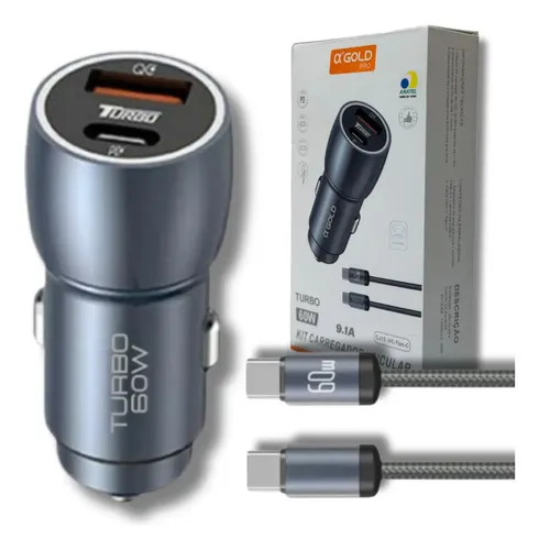 Carregador A'Gold CJ13-3 Veicular Turbo 60w Kit Com Cabo Carro Automotivo Cor Cinza