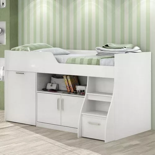 Cama Multifuncional Solteiro 100% MDF 2 Portas 1 Gaveta Nicho Escrivaninha  Bianca Cimol Branco