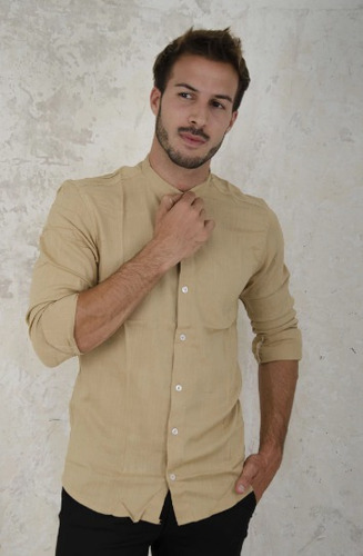 Camisa Camel Manga Larga Lino Cuello Mao Elastizada Vestir