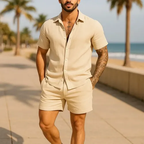 Conjunto Casual Linho Masculino Camisa Botão  Bermuda Cordão