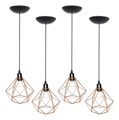 4 Pendentes Aramado Diamante Luminária Lustre Teto Retrô Vintage Industrial Balcão Cobre Rose Gold