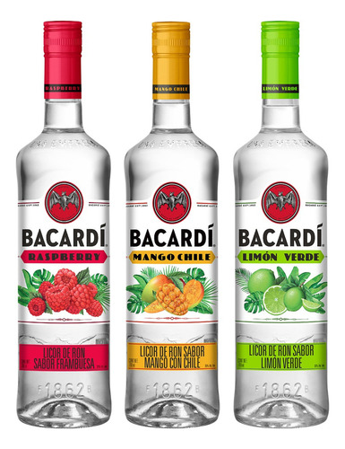 3pack Bacardí Ron Mango Chile, Limón Verde, Raspberry 700ml