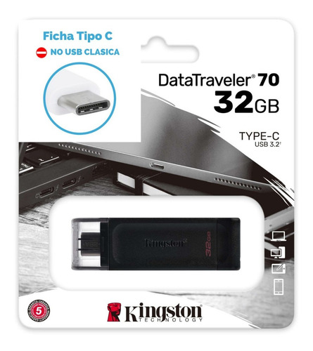 Pendrive Kingston DataTraveler 70 DT70 USB-C 32GB 3.2 Gen 1 negro Type C