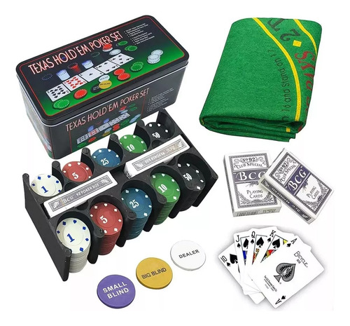 Kit Set Poker 200 Fichas +2 Mazos Cartas + Paño - En Lata