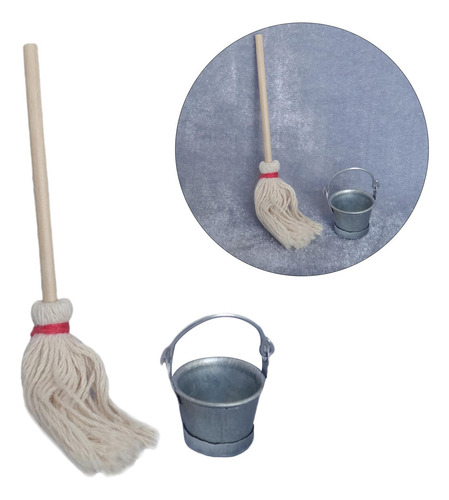 2 Tiny Mop And Bucket Set 1:12 Dollhouse Accessories Party