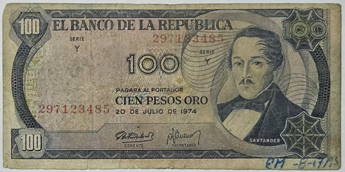 Billete 100 Pesos 20/jul/1974 Colombia Fine