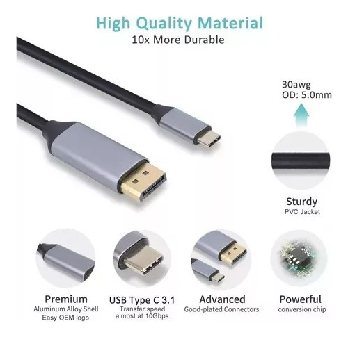 Displayport Cable,usb C 3.1 A Displayport Dp 4k 60hz De 1.8m