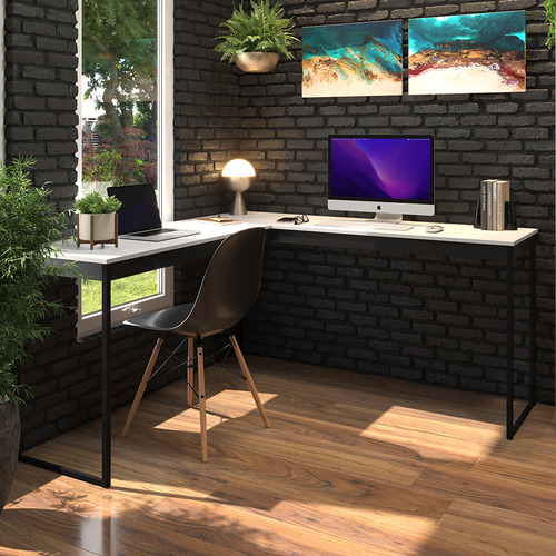 Mesa De Canto Em L Branco Com Ripas Preto Para Home Office/ Escritório Estrutura Em Ferro E Design Industrial