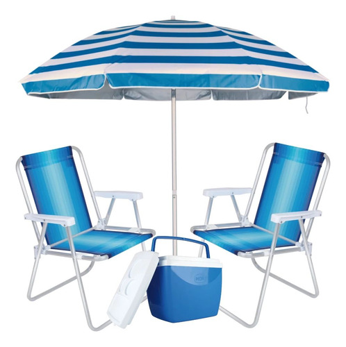 Guarda Sol Azul Listrado + 2 Cadeiras De Praia +cooler 18 L