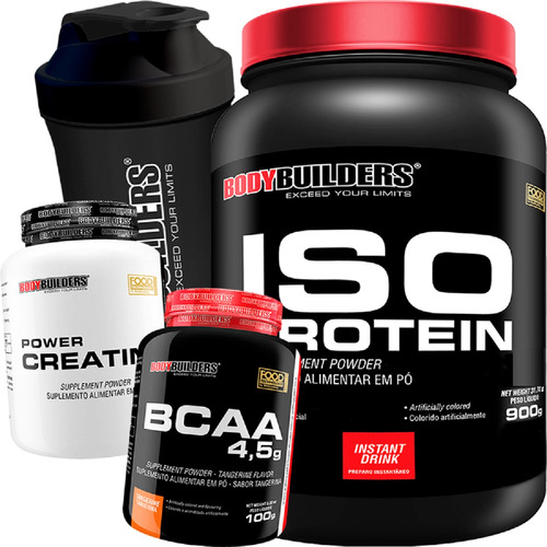 Kit Suplemento Whey Isolado 900g + Creatina + Bcaa + Shaker Sabor Morango