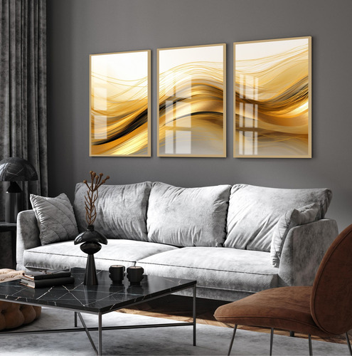 Quadros Decorativos Abstrato Faixa Dourada Moldura E Vidro