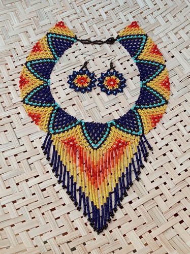 Conjunto Colar Indígena De Miçanga Com Franja Brinco Mandala