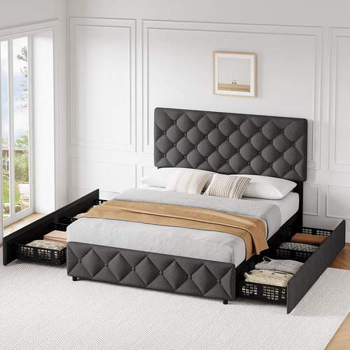 Base De Cama Idealhouse Matrimonial Tapizada En Lino Grey