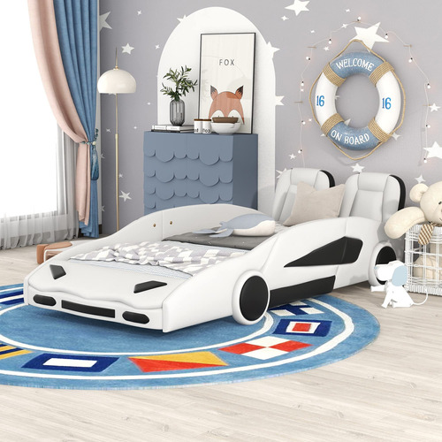 Merax Moderno Marco Cama Forma Coche Carrera Madera Respaldo