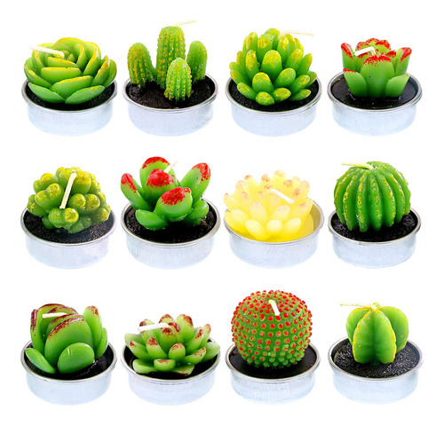 Glarks Juego De 12 Velas De Cactus Con Disenos Unicos, Hecha