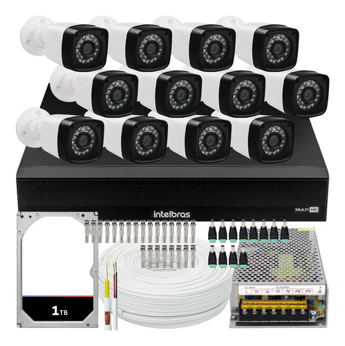 Kit Dvr Intelbras 16 Canais H.265 1tb 12 Câmeras Full Hd 20m