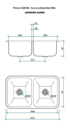 Bacha Cocina Doble Johnson C28/18 59x34x18 Acero Inoxidable