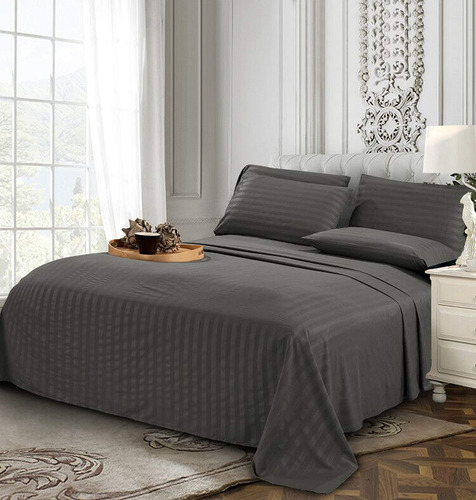 Juego De Ropa De Cama 6 Piezas Microfibra Rayas Platino Gris