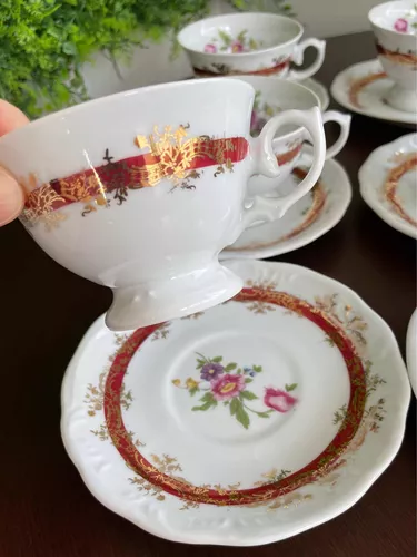 antigo jogo de 6 xícaras de chá e pires porcelana schmidt