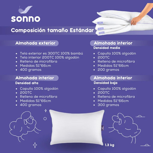 3 Pack Almohada Sonno Ajustable 100% Bambú Estándar