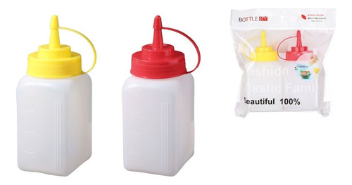 Dispensador Para Salsa Cuadrado Pack 2 Und 450ml C/u Color Amarillo Y Rojo