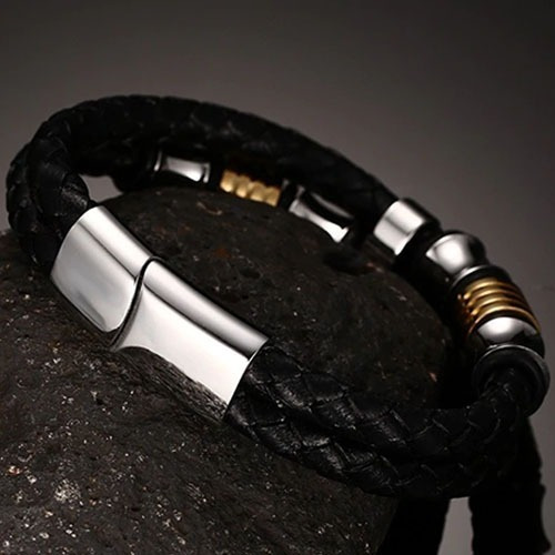 Imagem 2 de 5 de Pulseira Masculina Bracelete Em Couro E Aço Inox