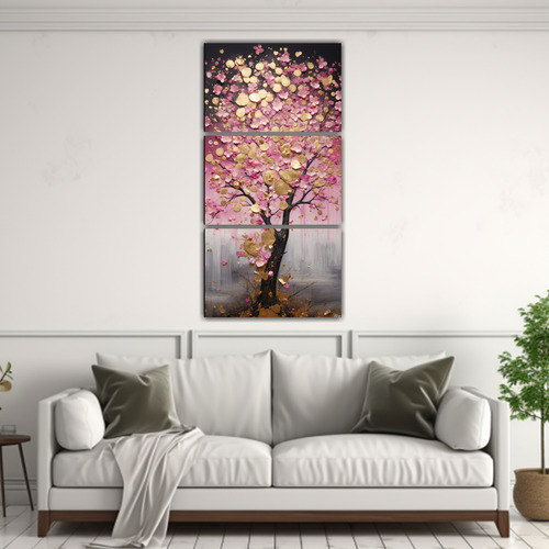 120x240cm Cuadro Árbol Rosa Y Dorado Para Dormitorio Flores