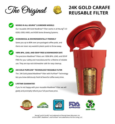 Di Oro-filtro K-carafe Reutilizable De Gold Gold De 24k Para