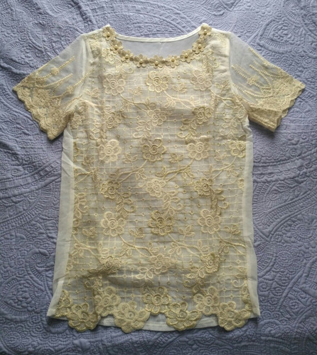 Imagen 4 de 5 de Blusa De Gasa Con Encaje Dorado Tallas S Y M Importada Stock