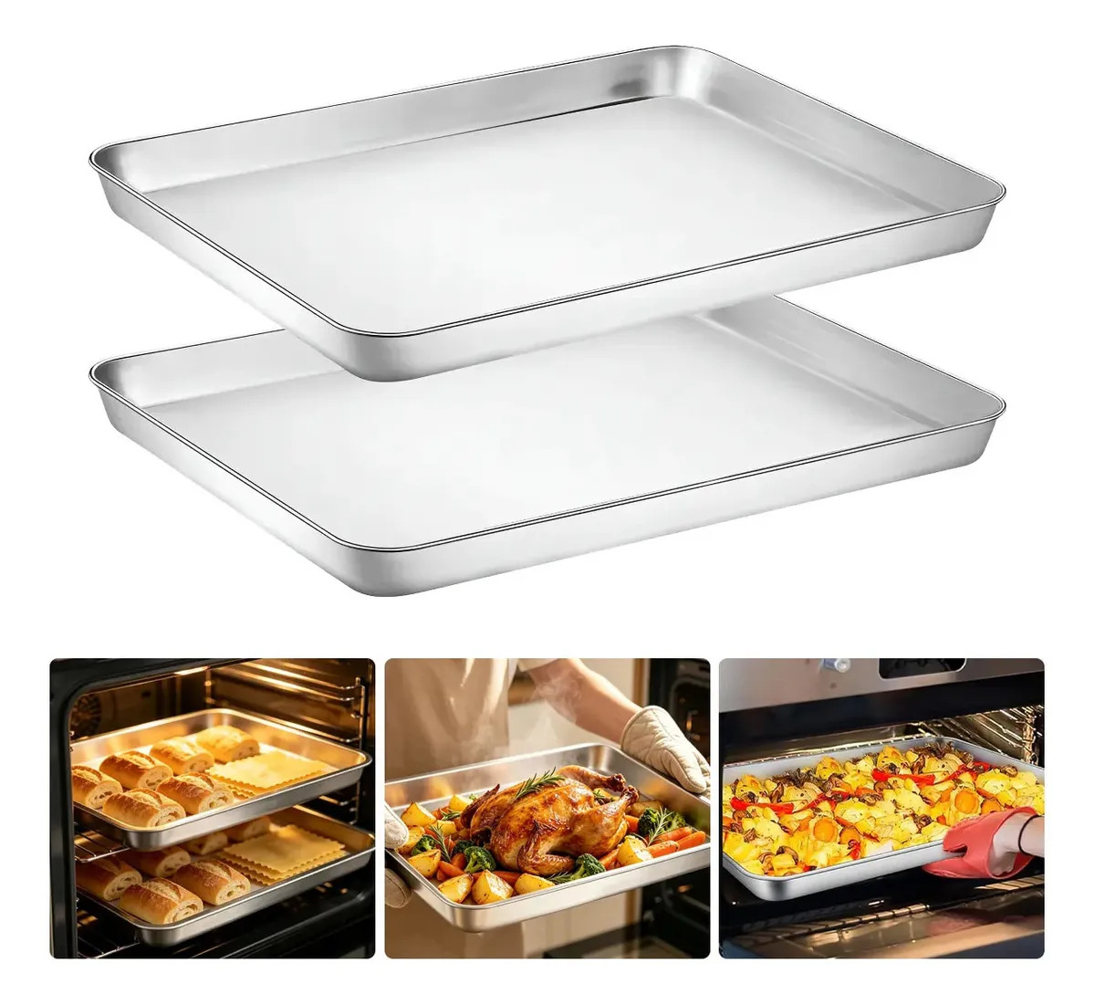 Tzawhst 2 Piezas Charolas De Aluminio Rectangulares 45.5x33cm Plateado, Bandejas Para Hornear Antiadherentes, Horneado Uniforme, Apto Para Pavo, Pan, Hotdogs, Restaurantes Y Panade