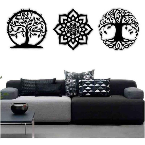 Kit 3 Mandalas Decorativas Mdf 60x60 Vazado Preto Modelo 2