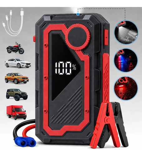 Arrancador de Batería Portátil 8000A para Auto y Moto con Linterna LED y Pantalla LCD