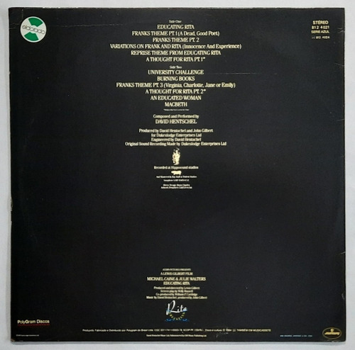 Lp - Educating Rita - David Hentschel - Trilha Sonora 1984 (Usado)
