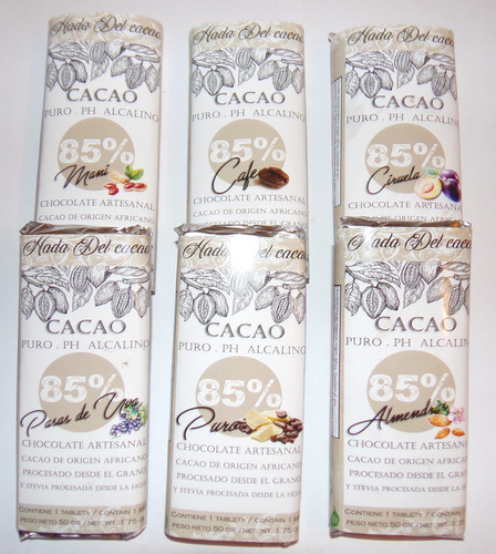 6 U. Chocolate 85% Cacao Puro Sin Azucar Stevia Keto Vegano