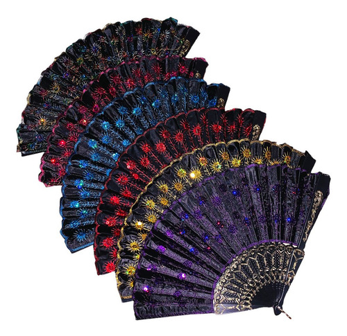 20 Abanicos Español Tela Lentejuela Negro Bordado Colores Abanico