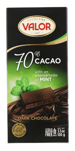 Chocolate Español Valor Gluten Free Amargo 70% Menta 100g.