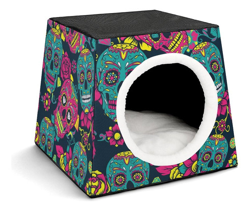 Mexican Sugar Skull Flowers Dog Bed For Indoor Square Cat H.