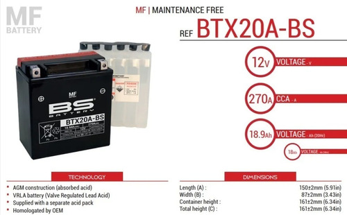 Batería Bs Moto 12v 18.9ah 150x87x161 Ytx20 Btx20 S/mantenim