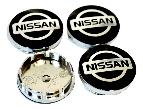 Pack 4 Tapas Nissan Negro 56mm Soporte Plateado Centro Rueda