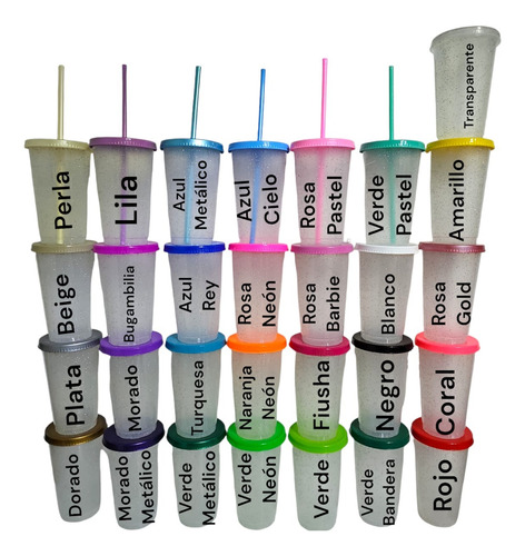 120 Pzas Vaso Popote 16oz Glitter Reusable Frio Y Caliente