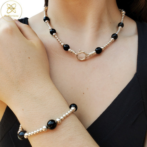 Imagen 3 de 7 de Pulsera Plata Bolitas Y Piedras Naturales Negras X 20cm