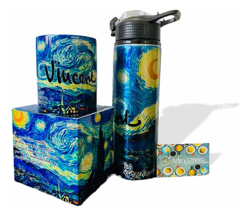 Cilindro Para Agua + Taza Noche Estrellada Van Gogh Color Azul